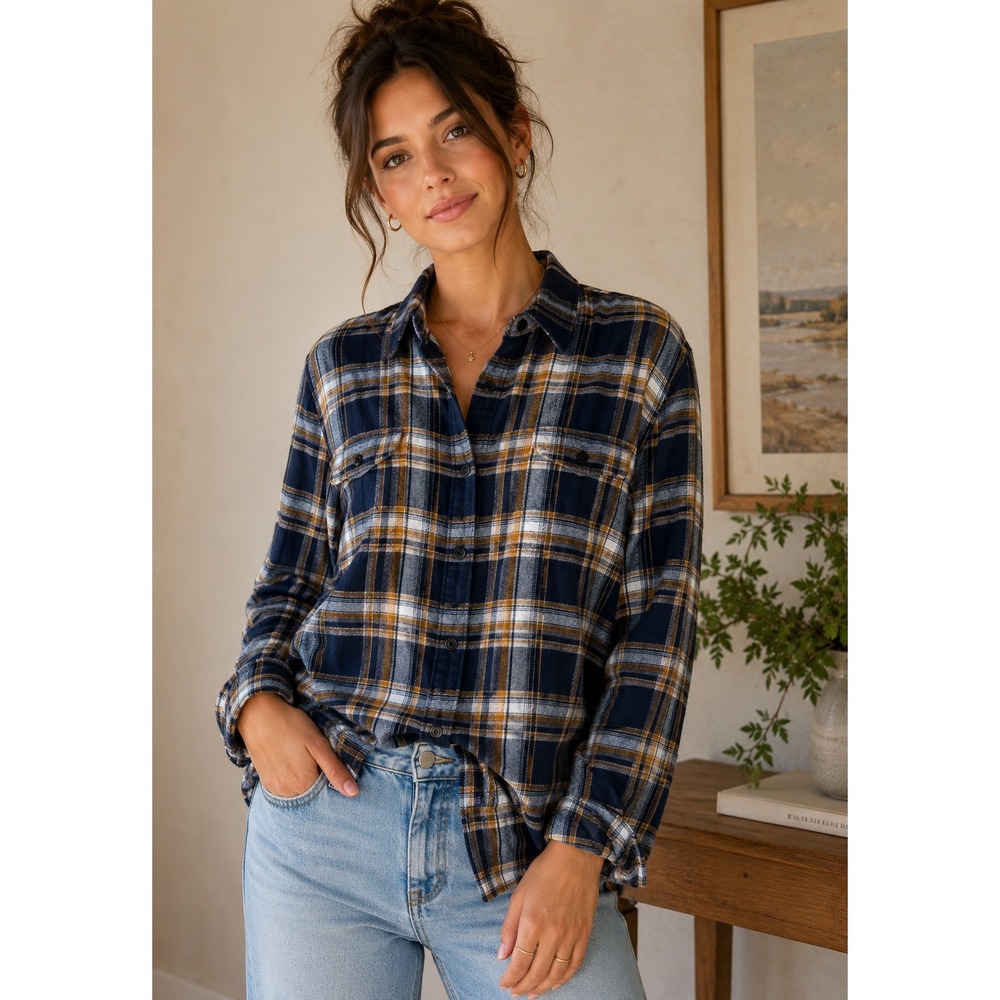 Lucky Brand Blue Plaid Flannel Shirt Classic‎ Fit Button Front Small